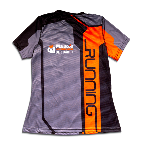 Playera de manga corta para dama de la onceava edición del maratón. Gris con detalles en naranja