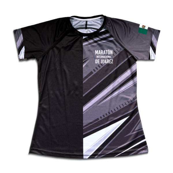 Playera de manga corta para dama. Color negra con diseño moderno en gris