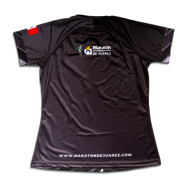 Playera de manga corta para dama. Color negra con diseño moderno en gris