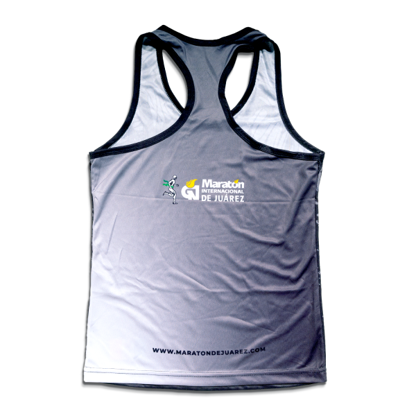 Playera de tirantes para dama del maratón. Color negro y diseño en gris
