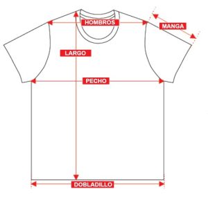 Dibujo de camiseta con descripción de cómo se toman las medidas